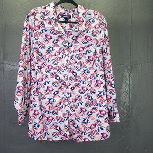 Lands End Button Up Shirt Women 2X 20-22 Cotton Roll Tab Sleeve Umbrella Print
